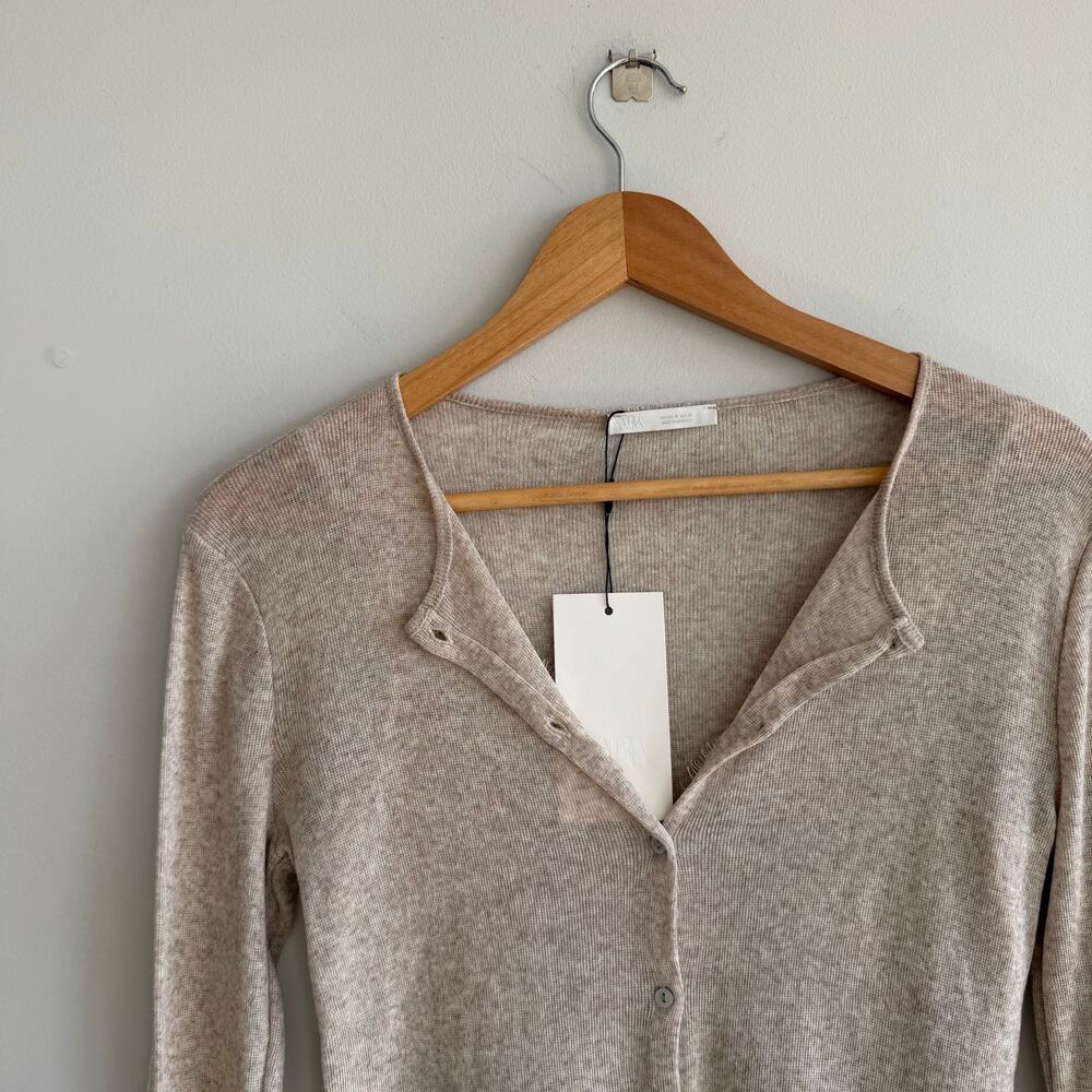 Zara Ribbed Knit Cropped Casual Button Front Cardigan Brown M NWT - Picture 2 of 10
